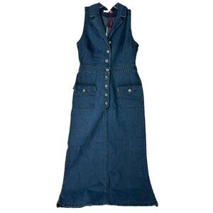 VTG Neways Sz 38 (8) Maxi Button Comfy Dark Denim Dress Sleeveless Collared NWT